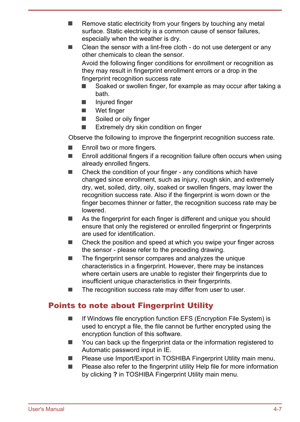 Points to note about fingerprint utility | Toshiba Satellite Pro A50-A User Manual | Page 56 / 149