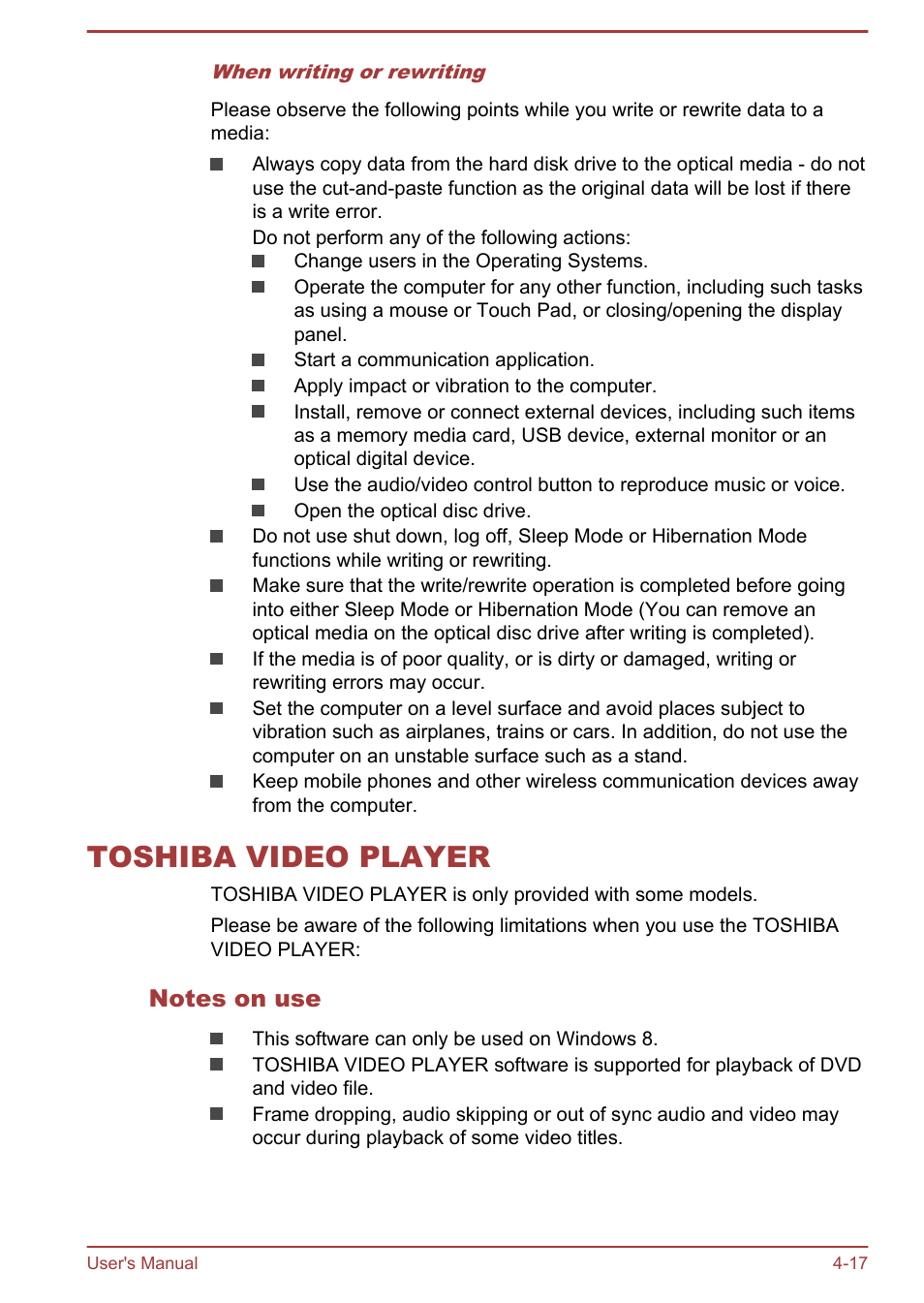 Toshiba video player, Notes on use, Toshiba video player -17 | Toshiba Satellite Pro A50-A User Manual | Page 66 / 149