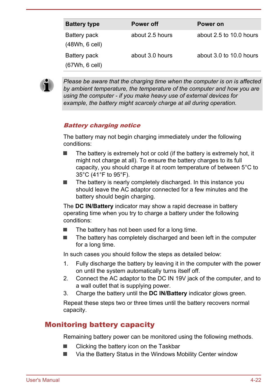 Monitoring battery capacity | Toshiba Satellite Pro A50-A User Manual | Page 71 / 149