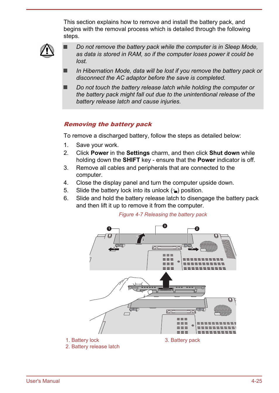 Removing the battery pack | Toshiba Satellite Pro A50-A User Manual | Page 74 / 149