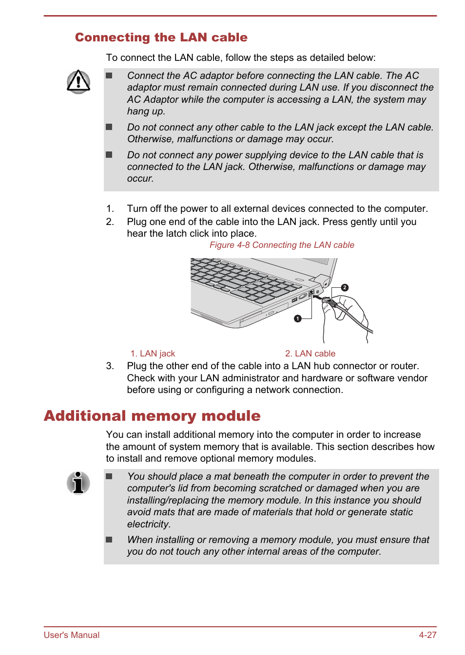 Connecting the lan cable, Additional memory module, Additional memory module -27 | Section | Toshiba Satellite Pro A50-A User Manual | Page 76 / 149