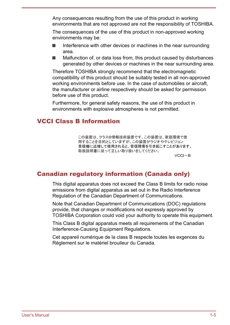 Vcci class b information, Canadian regulatory information (canada only) | Toshiba Satellite Pro A50-A User Manual | Page 8 / 149