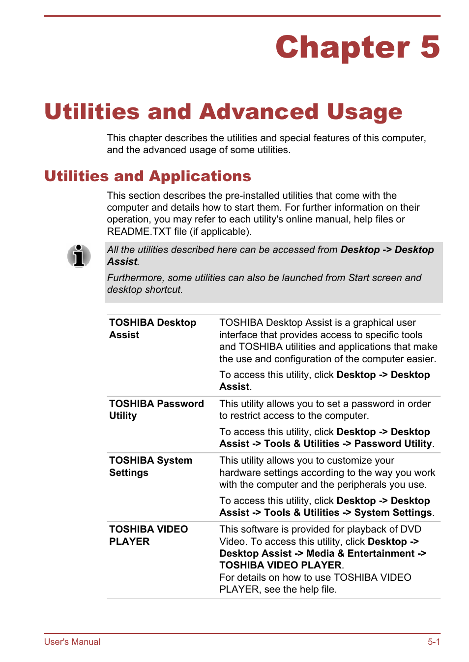 Chapter 5 utilities and advanced usage, Utilities and applications, Chapter 5 | Utilities and advanced usage, Utilities and applications -1 | Toshiba Satellite Pro A50-A User Manual | Page 95 / 149