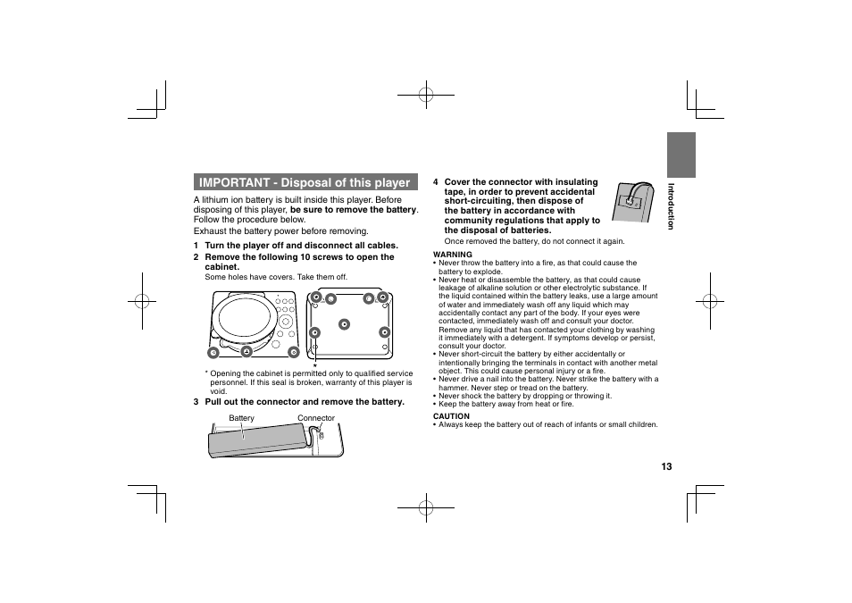 Important - disposal of this player | Toshiba SDP75S User Manual | Page 13 / 74