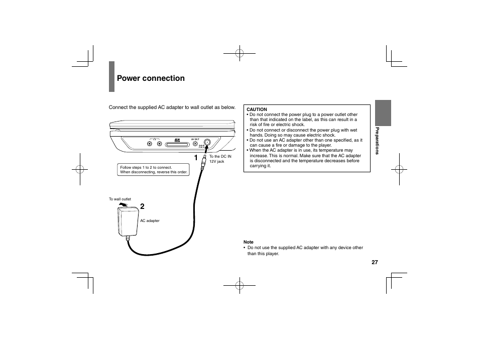 Power connection | Toshiba SDP75S User Manual | Page 27 / 74