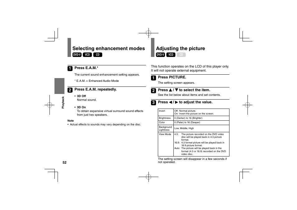 Selecting enhancement modes, Adjusting the picture | Toshiba SDP75S User Manual | Page 52 / 74