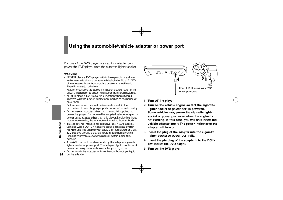 Using the automobile/vehicle adapter or power port | Toshiba SDP75S User Manual | Page 66 / 74