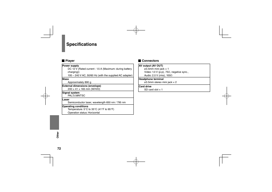 Specifications | Toshiba SDP75S User Manual | Page 72 / 74