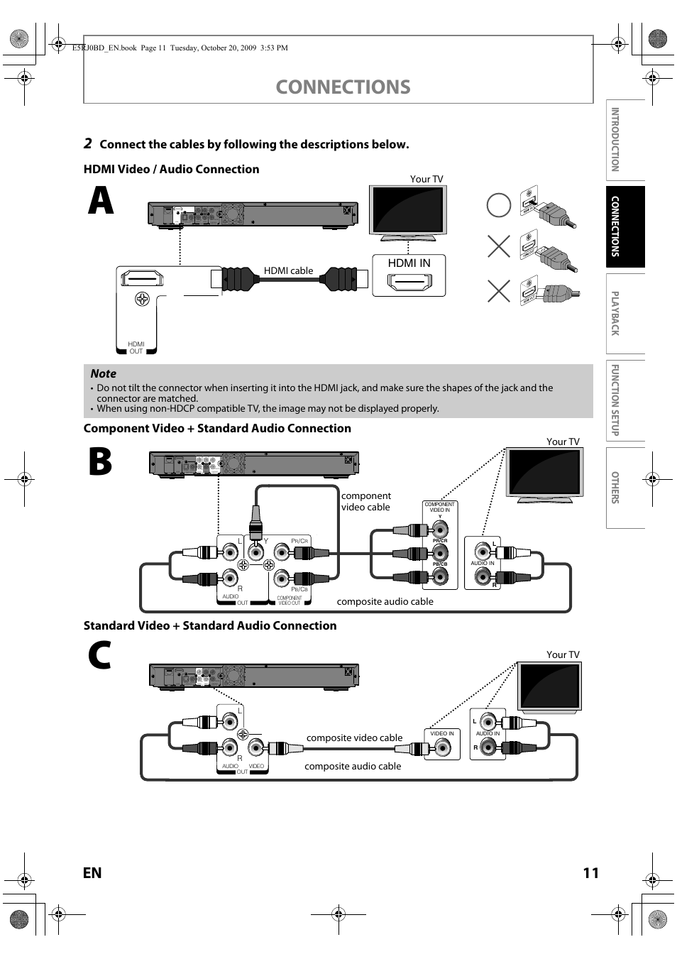 Connections, 11 en, Hdmi in | Toshiba BDX2000 User Manual | Page 11 / 48