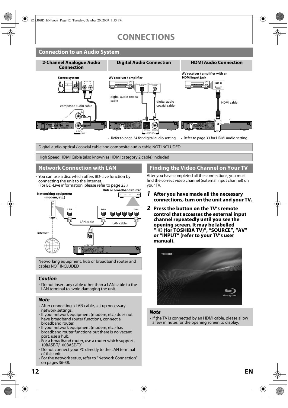 Connections, 12 en, Connection to an audio system | Network connection with lan, Finding the video channel on your tv, Caution | Toshiba BDX2000 User Manual | Page 12 / 48