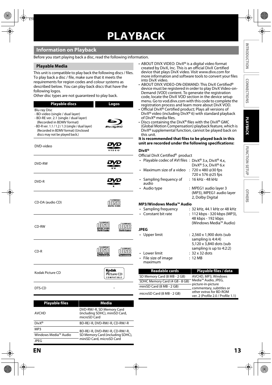 Playback, Information on playback, Playable media | 13 en | Toshiba BDX2000 User Manual | Page 13 / 48