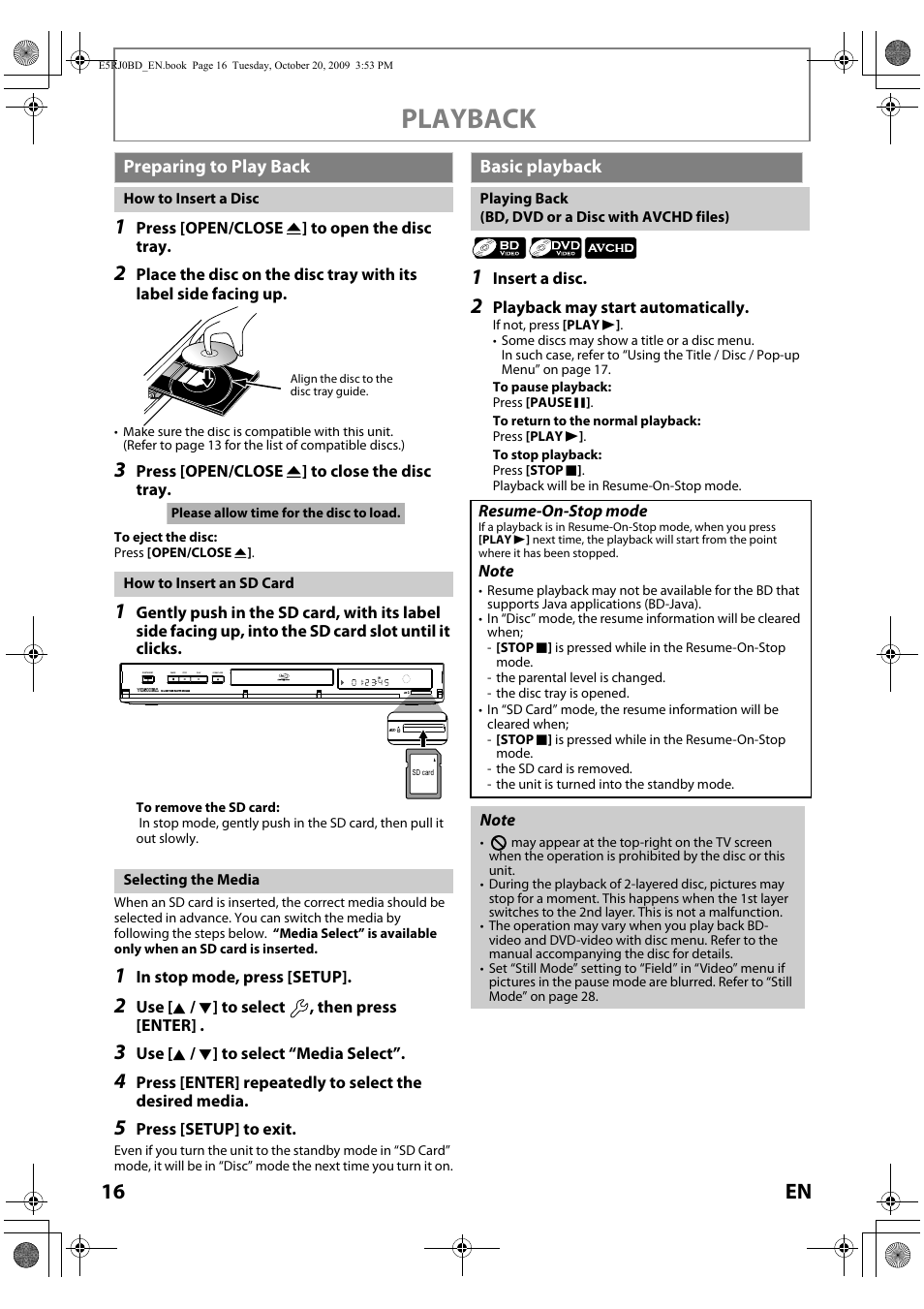 Preparing to play back, Basic playback, Playing back (bd, dvd or a disc with avchd files) | Playback, 16 en | Toshiba BDX2000 User Manual | Page 16 / 48