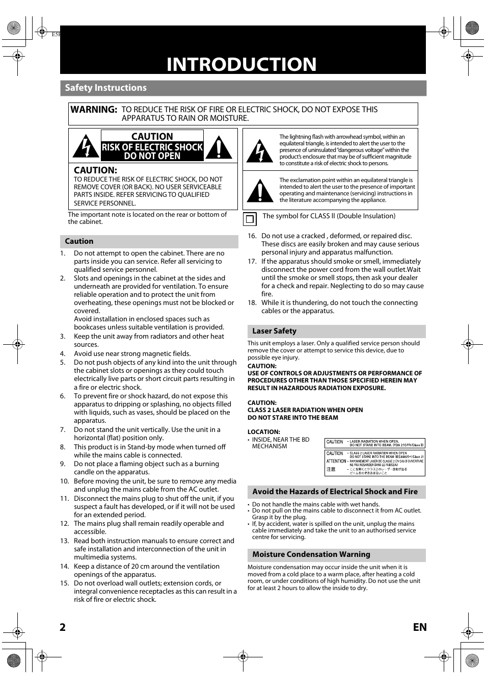 Introduction, Safety instructions warning, Caution | Caution risk of electric shock do not open | Toshiba BDX2000 User Manual | Page 2 / 48