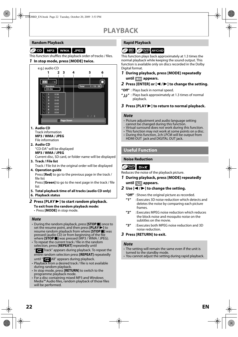 Random playback rapid playback, Useful function, Noise reduction | Playback, 22 en | Toshiba BDX2000 User Manual | Page 22 / 48