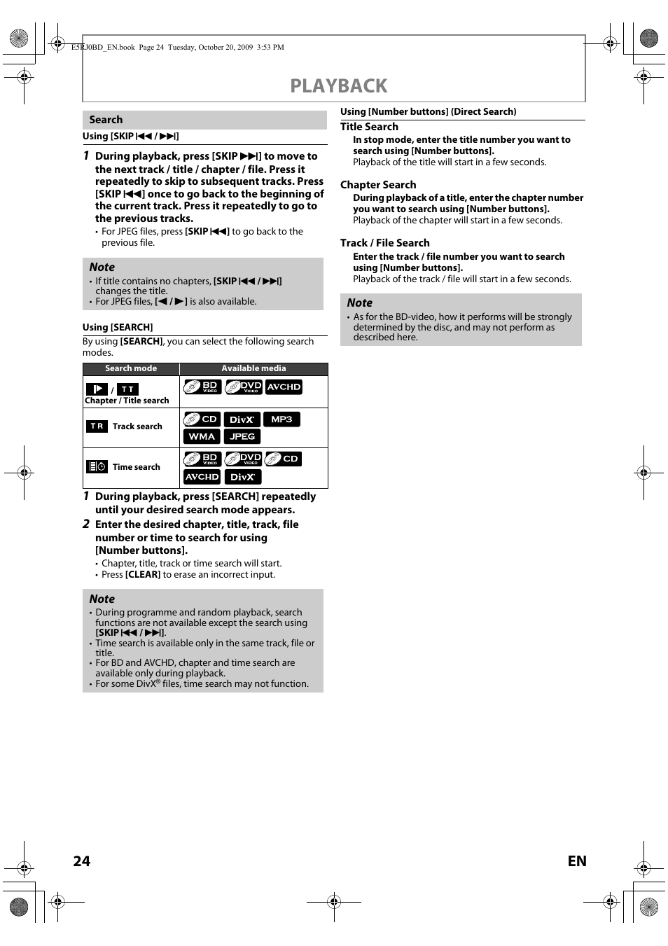 Search, Playback, 24 en | Toshiba BDX2000 User Manual | Page 24 / 48