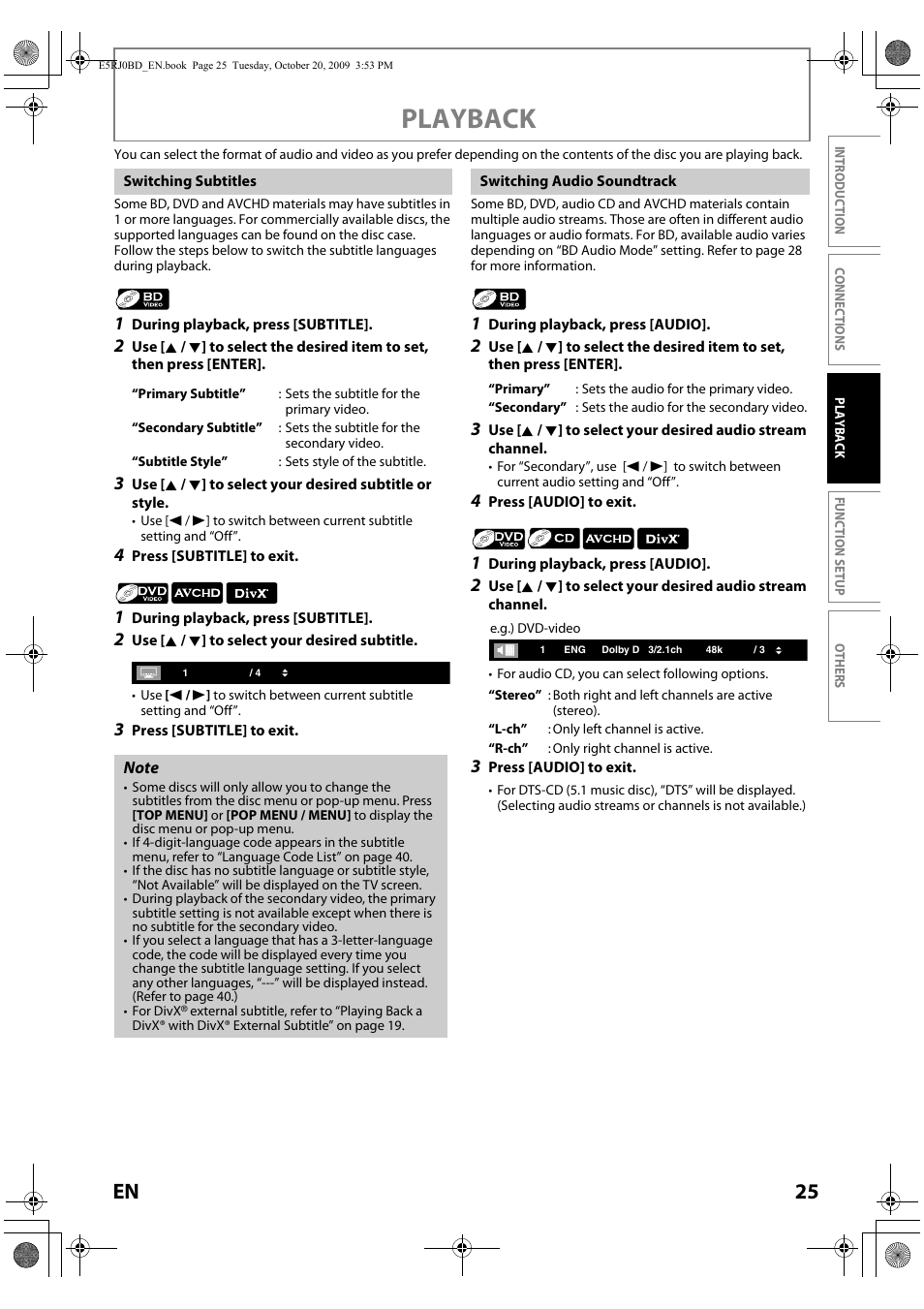 Switching subtitles switching audio soundtrack, Playback, 25 en | Toshiba BDX2000 User Manual | Page 25 / 48