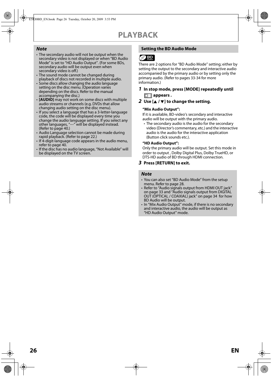 Setting the bd audio mode, Playback, 26 en | Toshiba BDX2000 User Manual | Page 26 / 48