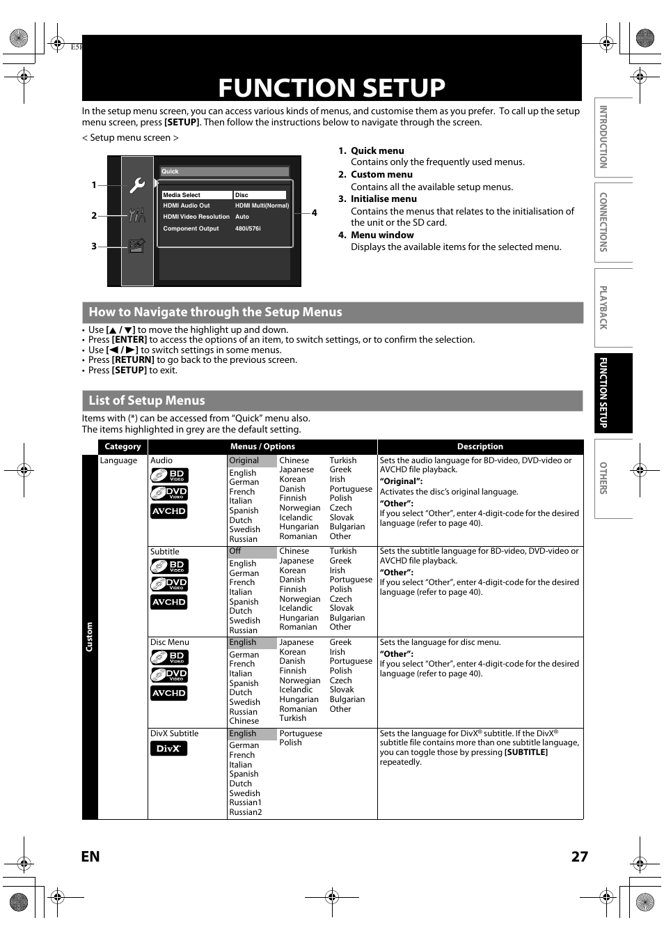 Function setup, Ction setup” on, Nction setup | 27 en | Toshiba BDX2000 User Manual | Page 27 / 48