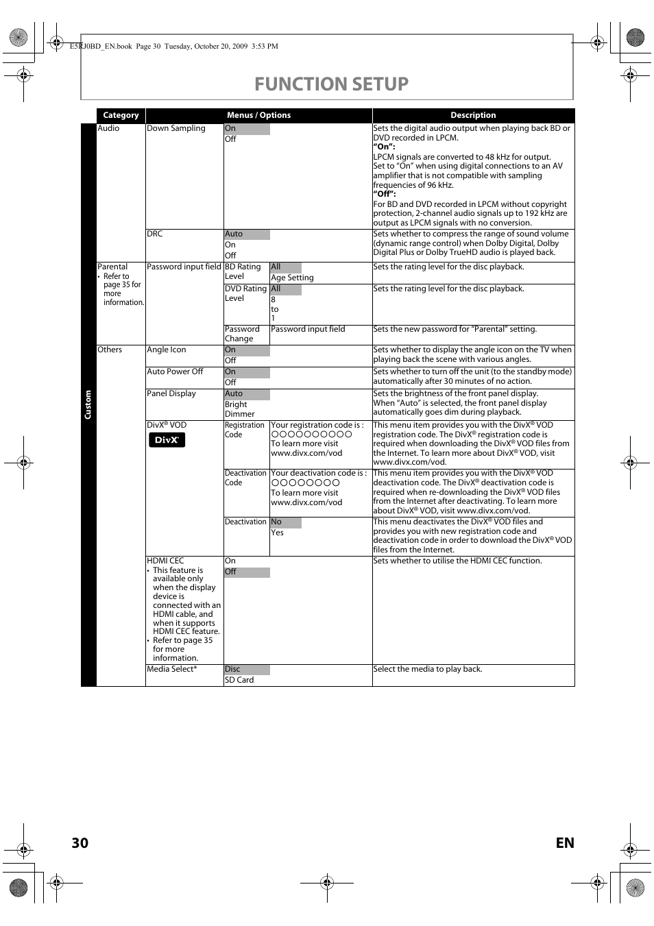 Function setup, 30 en | Toshiba BDX2000 User Manual | Page 30 / 48