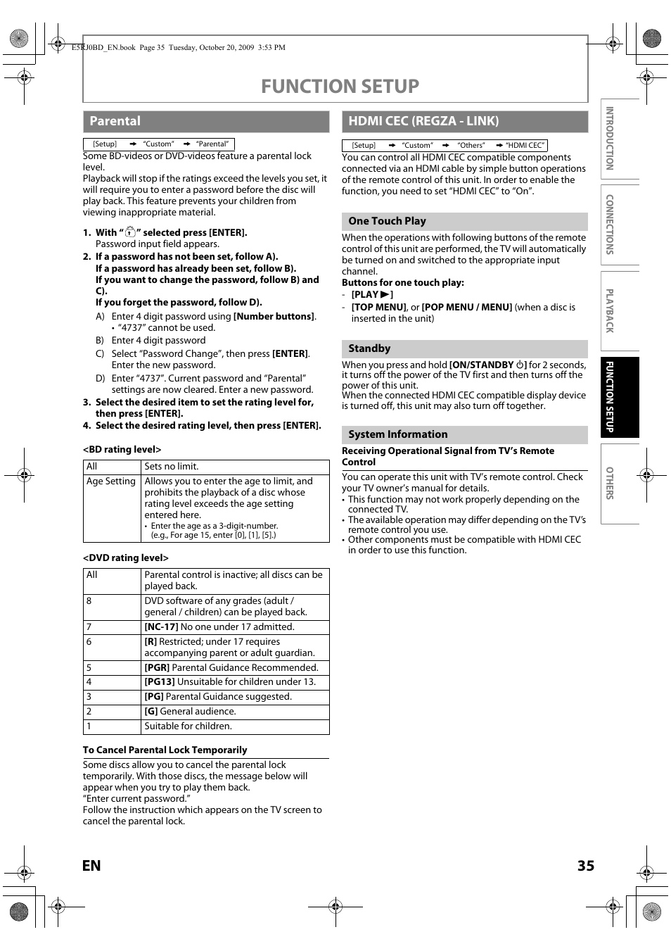 Parental hdmi cec (regza - link), One touch play standby system information, Function setup | 35 en, Parental, Hdmi cec (regza - link) | Toshiba BDX2000 User Manual | Page 35 / 48