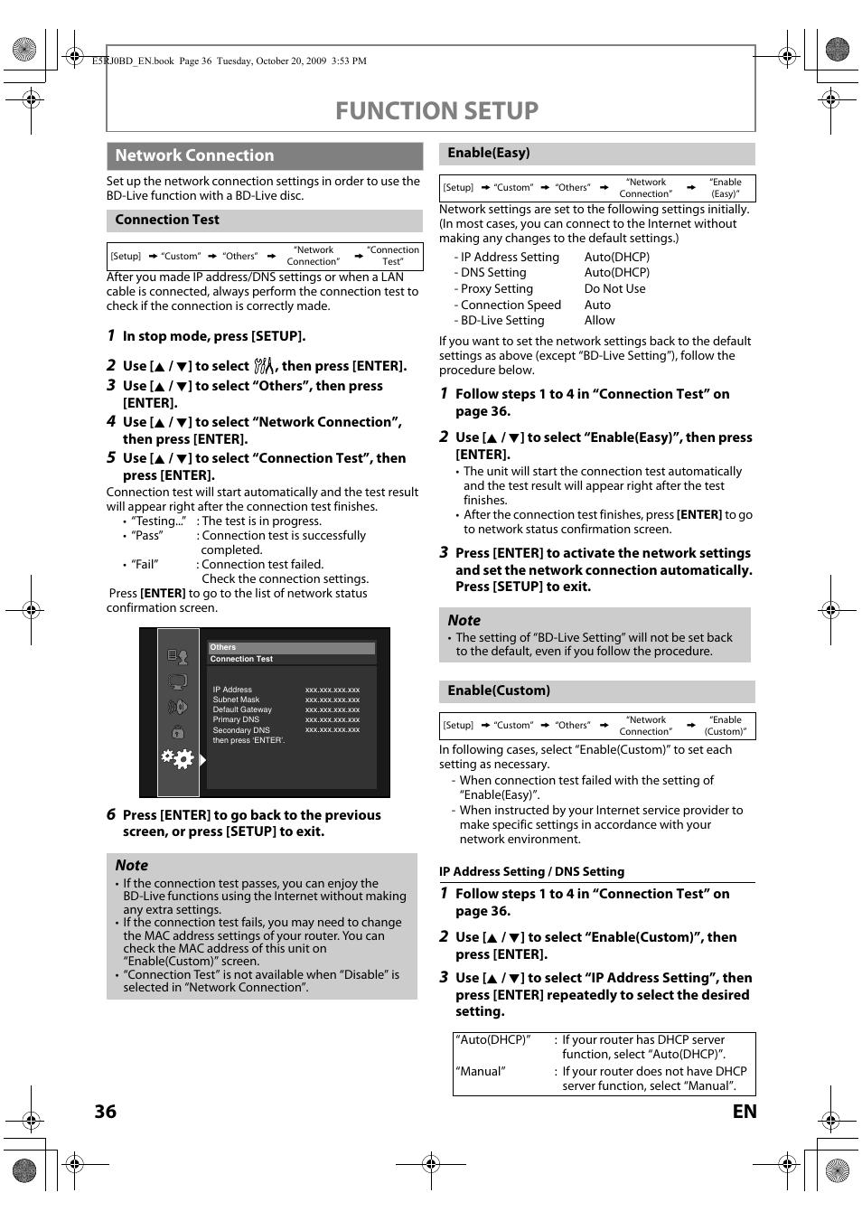 Network connection, Connection test enable(easy) enable(custom), Function setup | 36 en | Toshiba BDX2000 User Manual | Page 36 / 48