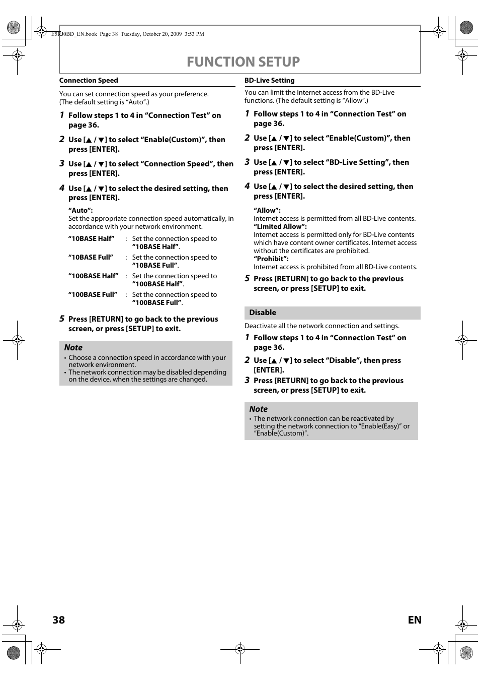 Disable, 38 f, Function setup | 38 en | Toshiba BDX2000 User Manual | Page 38 / 48