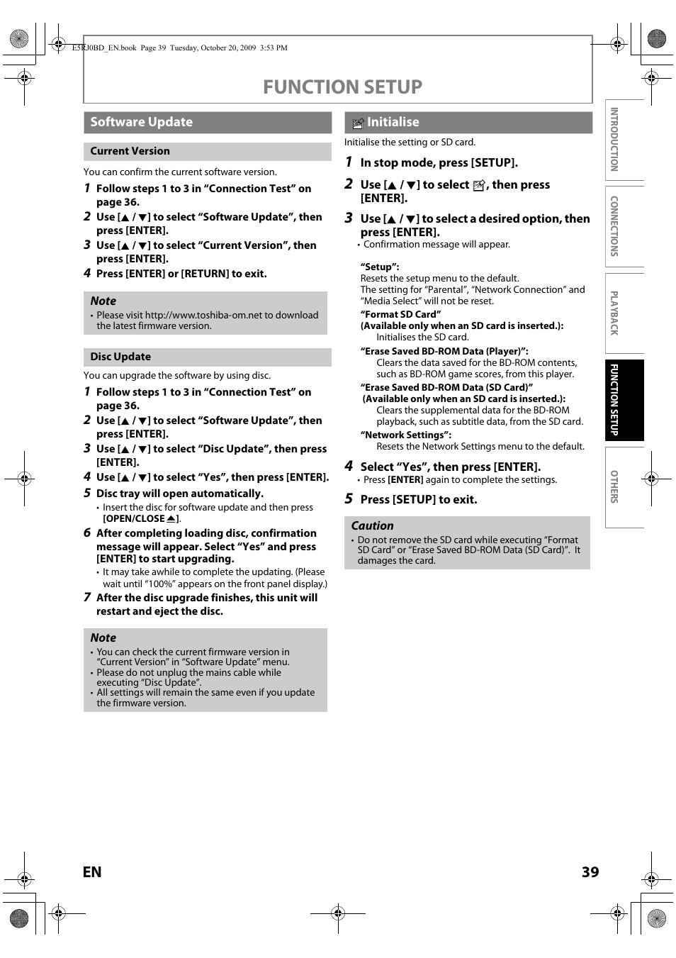 Software update, Current version disc update, Initialise | Ge 39 f, Function setup, 39 en | Toshiba BDX2000 User Manual | Page 39 / 48