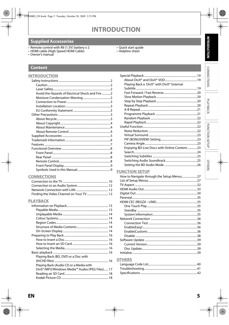 Introduction, Supplied accessories content | Toshiba BDX2000 User Manual | Page 5 / 48