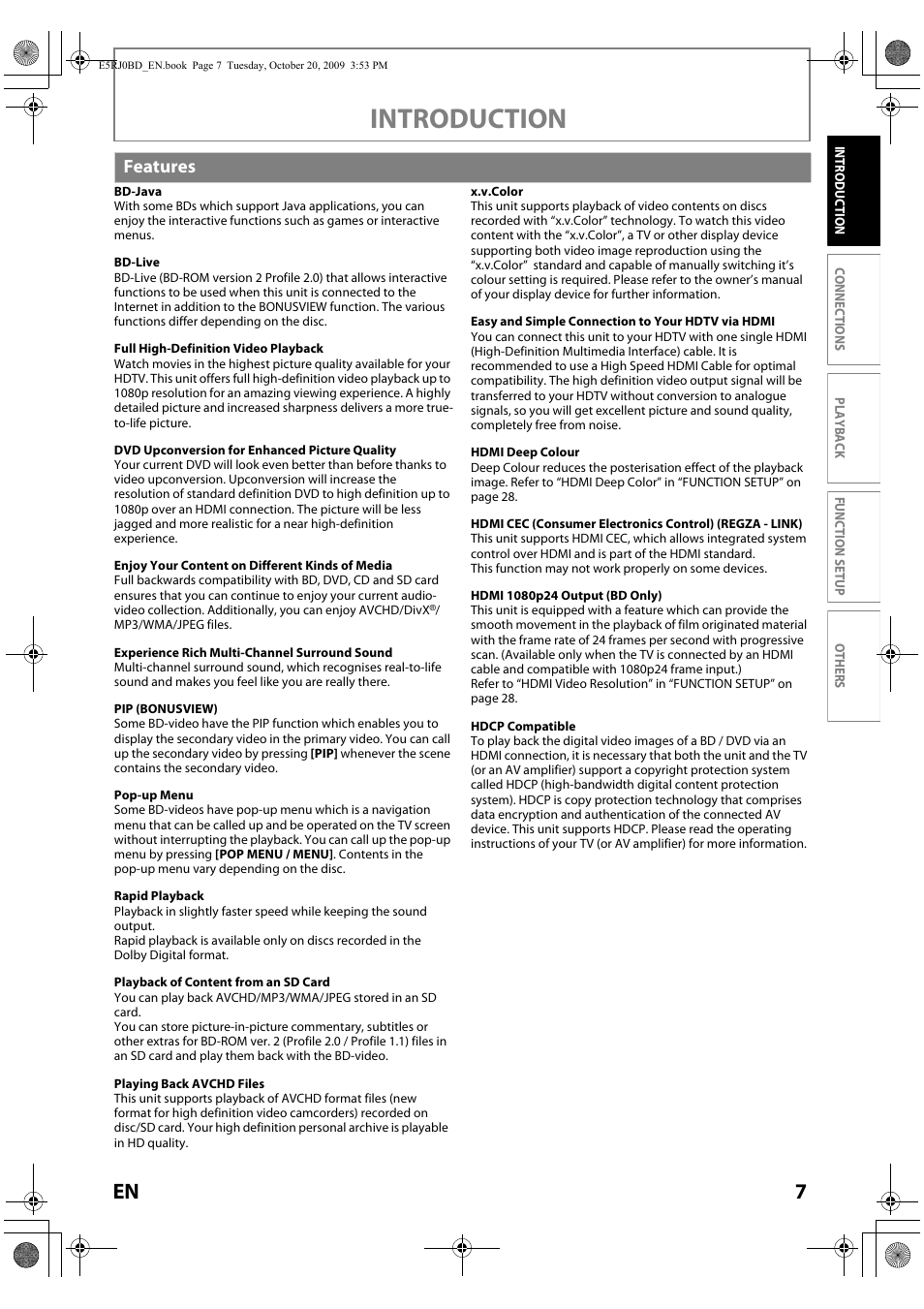 Features, Introduction | Toshiba BDX2000 User Manual | Page 7 / 48