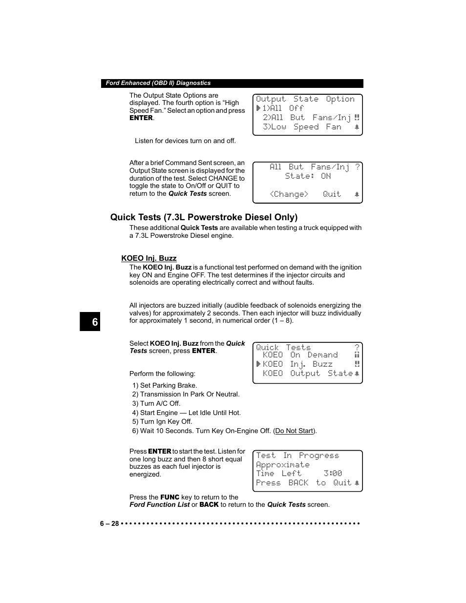 Quick tests (7.3l powerstroke diesel only), Koeo inj. buzz | Actron 9640 User Manual | Page 108 / 156