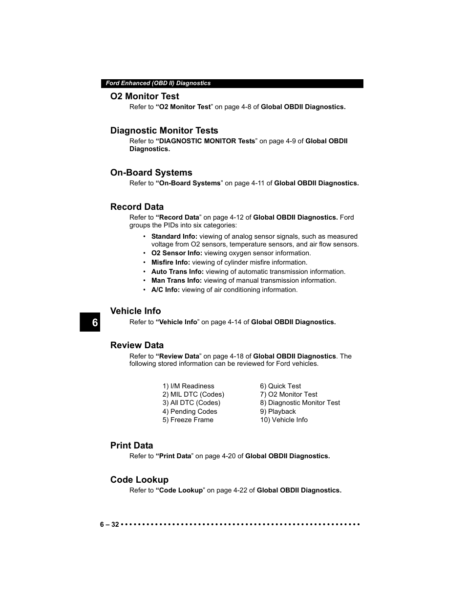 O2 monitor test, Diagnostic monitor tests, On-board systems | Record data, Vehicle info, Review data, Print data, Code lookup | Actron 9640 User Manual | Page 112 / 156