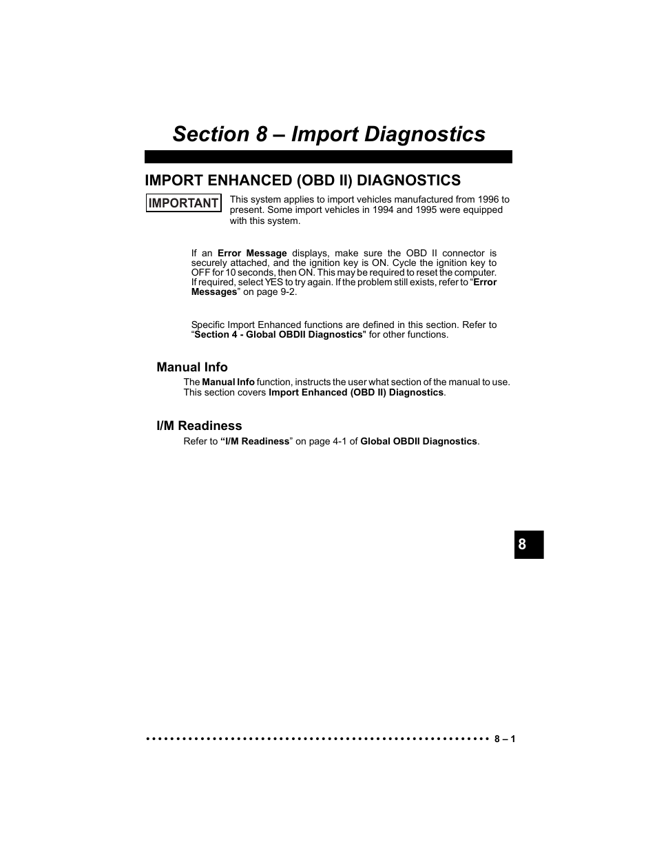 Section 8 - import diagnostics, Import enhanced (obd ii) diagnostics, Manual info | I/m readiness | Actron 9640 User Manual | Page 127 / 156