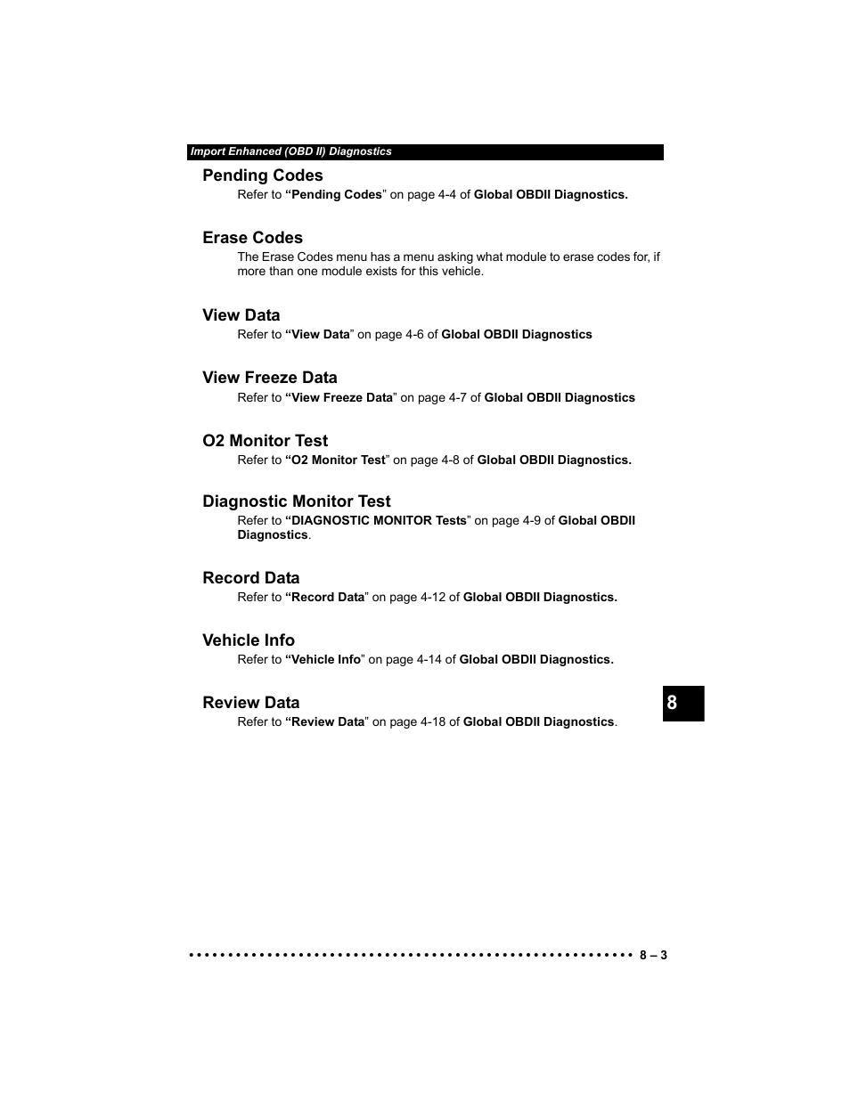 Pending codes, Erase codes, View data | View freeze data, O2 monitor test, Diagnostic monitor test, Record data, Vehicle info, Review data | Actron 9640 User Manual | Page 129 / 156