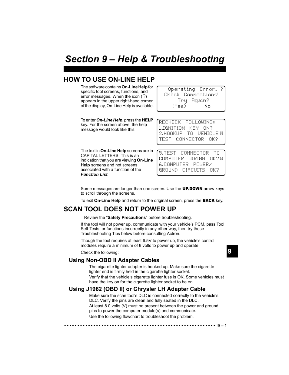 Section 9 - help & troubleshooting, How to use on-line help, Scan tool does not power up | Using non-obd ii adapter cables, Using j1962 (obd ii) or chrysler lh adapter cable | Actron 9640 User Manual | Page 131 / 156