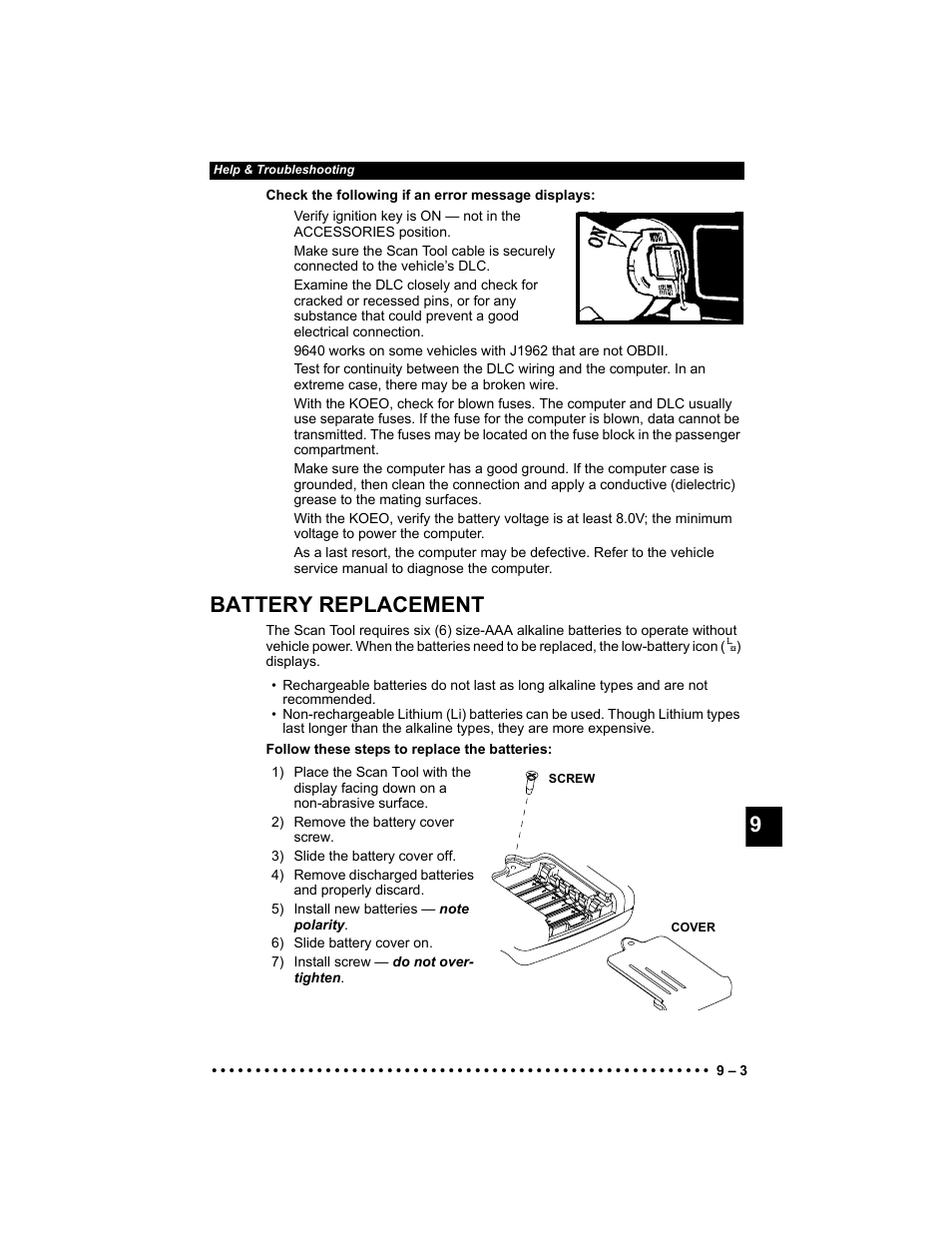 Battery replacement, In “ battery replacement ” on | Actron 9640 User Manual | Page 133 / 156