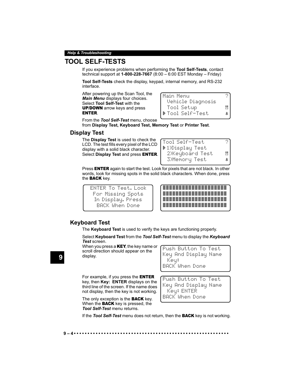 Tool self-tests, Display test, Keyboard test | 9tool self-tests | Actron 9640 User Manual | Page 134 / 156