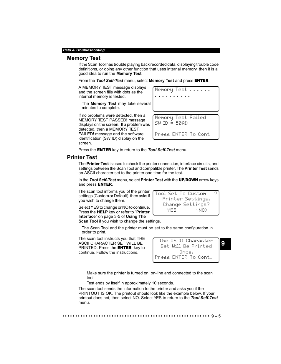 Memory test, Printer test | Actron 9640 User Manual | Page 135 / 156