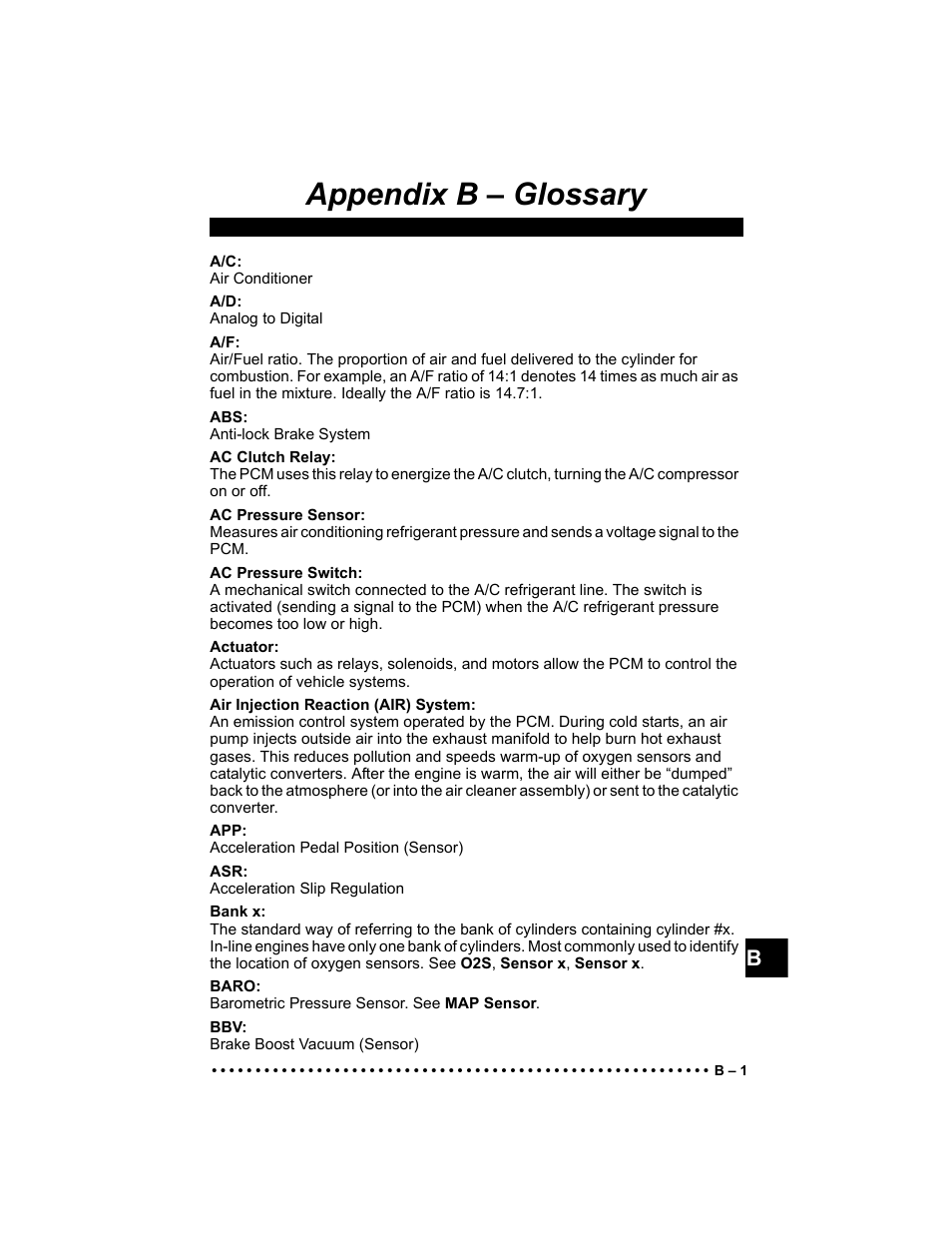 Appendix b - glossary, Appendix b – glossary | Actron 9640 User Manual | Page 145 / 156