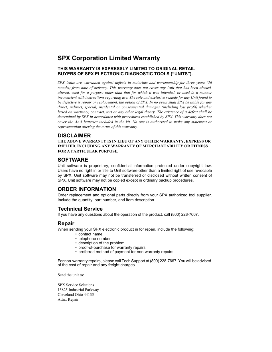 Spx corporation limited warranty | Actron 9640 User Manual | Page 155 / 156