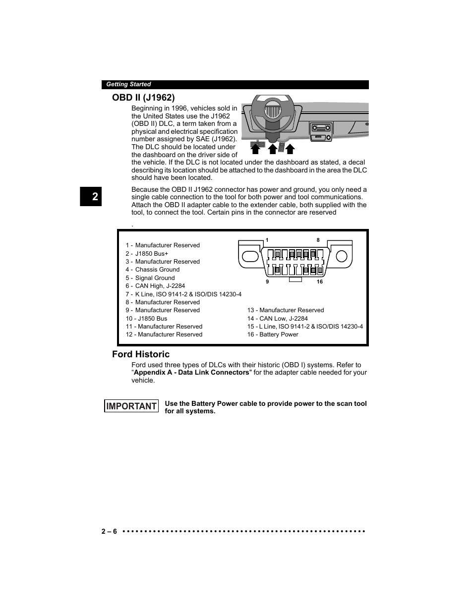 Obd ii (j1962), Ford historic, Important | Actron 9640 User Manual | Page 22 / 156