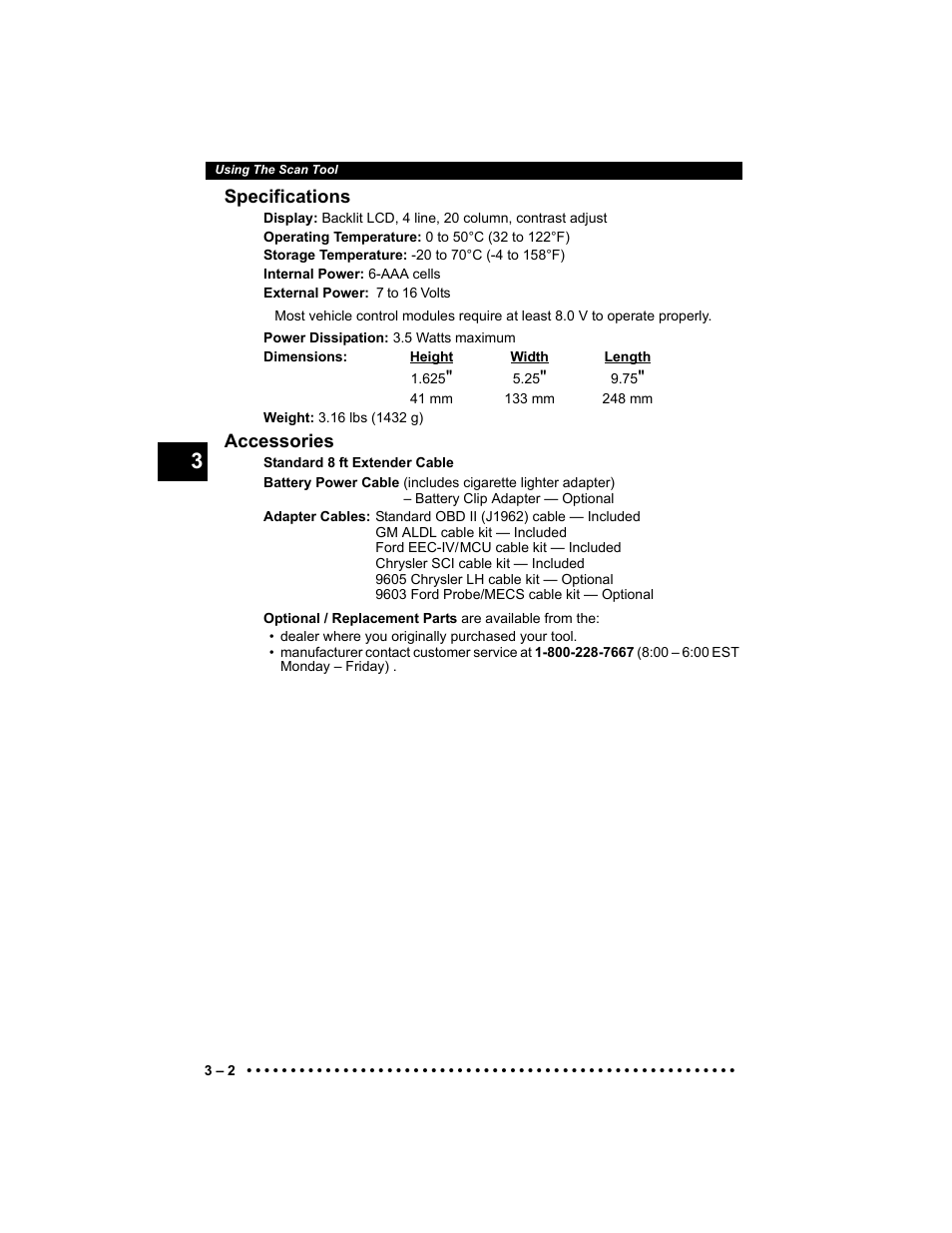 Specifications, Accessories | Actron 9640 User Manual | Page 30 / 156