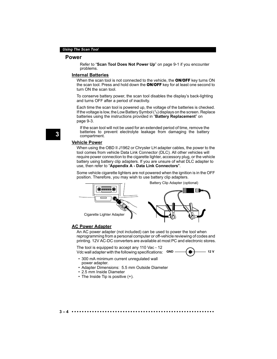 Power, Internal batteries, Vehicle power | Ac power adapter | Actron 9640 User Manual | Page 32 / 156