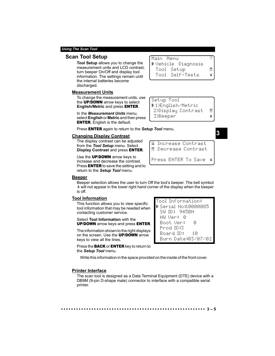 Scan tool setup, Measurement units, Changing display contrast | Beeper, Tool information, Printer interface | Actron 9640 User Manual | Page 33 / 156