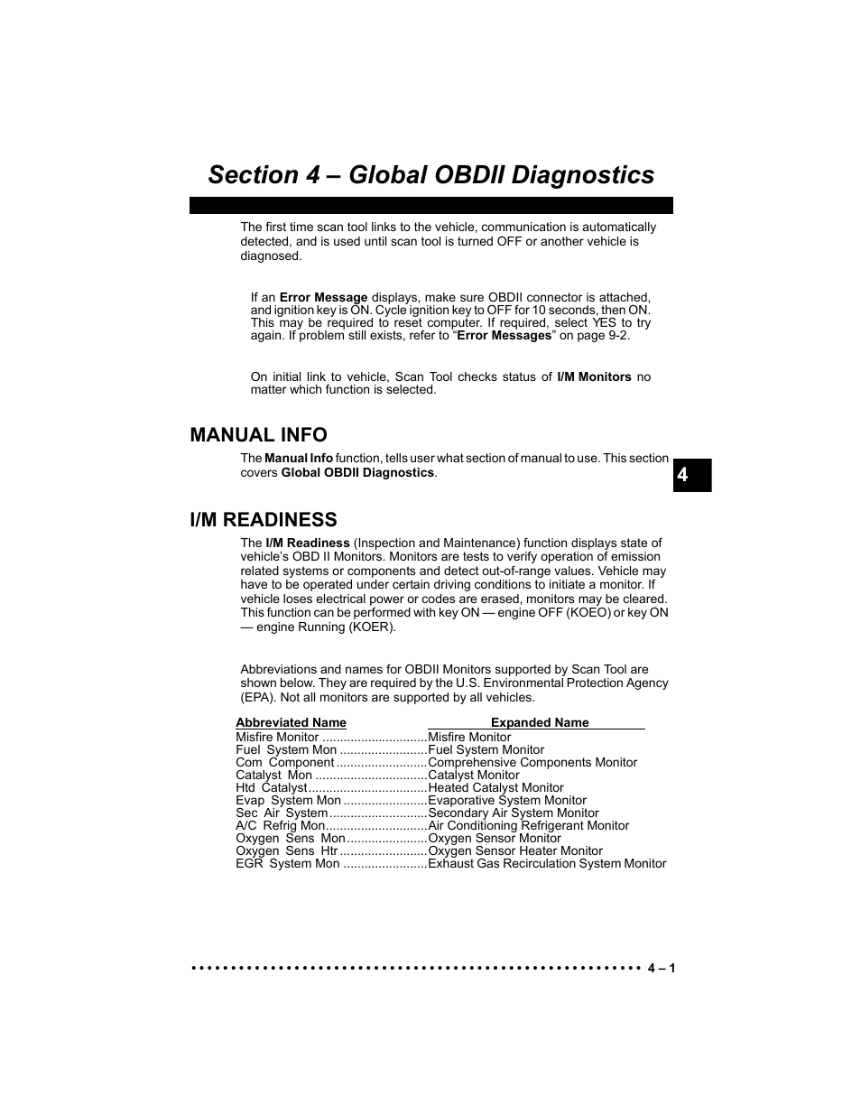 Section 4 - global obdii diagnostics, Manual info, I/m readiness | Actron 9640 User Manual | Page 41 / 156