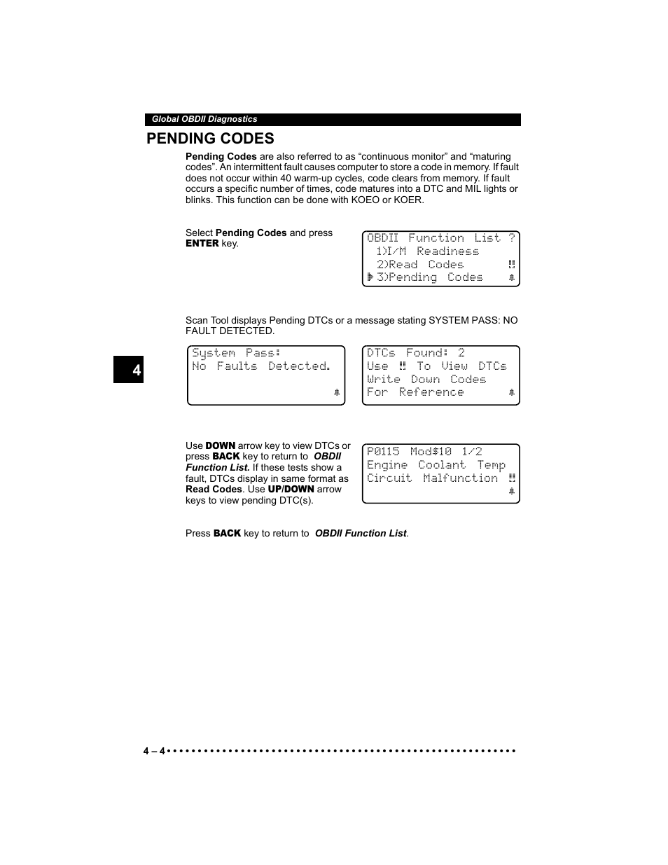 Pending codes, 4 4 pending codes | Actron 9640 User Manual | Page 44 / 156