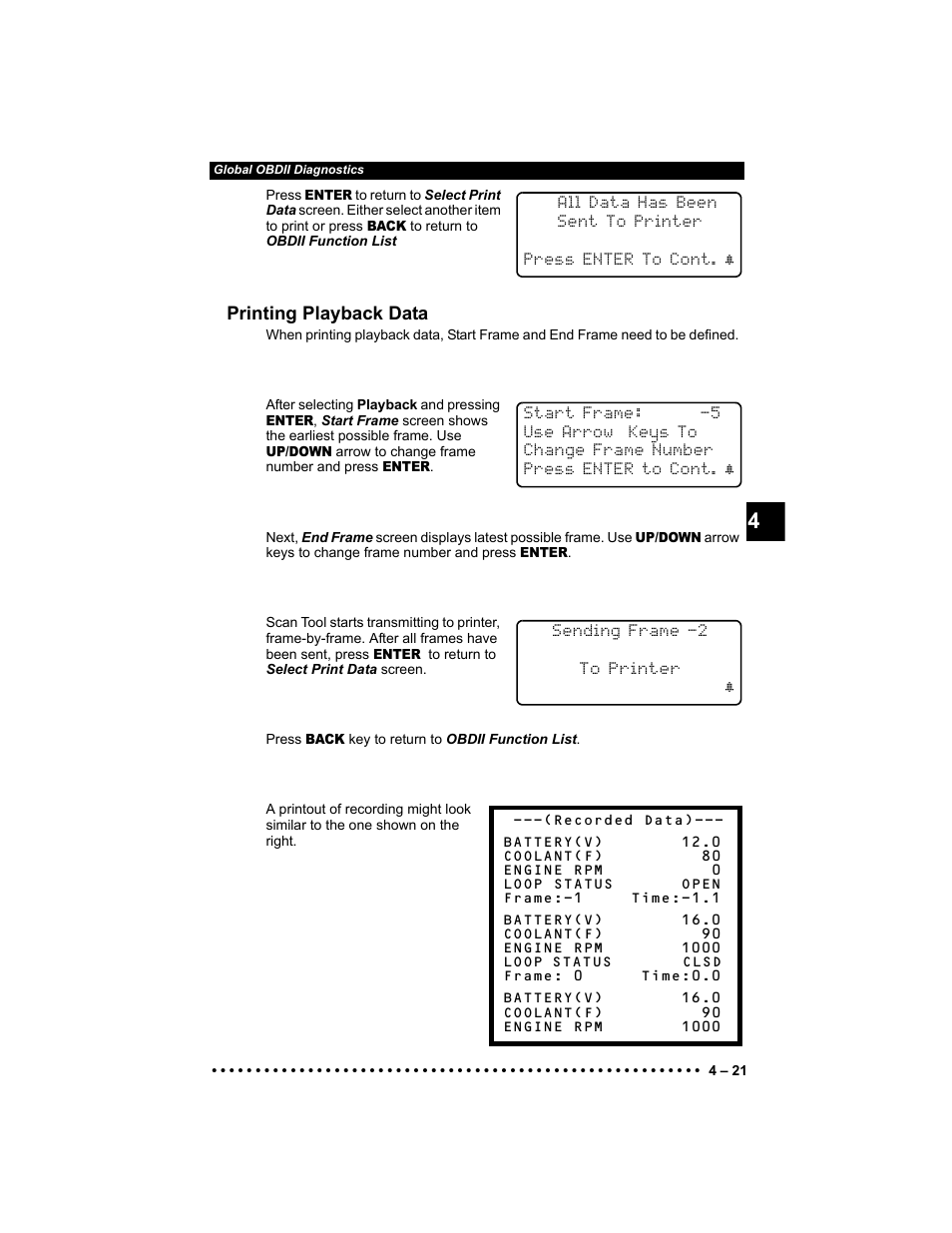 Printing playback data | Actron 9640 User Manual | Page 61 / 156