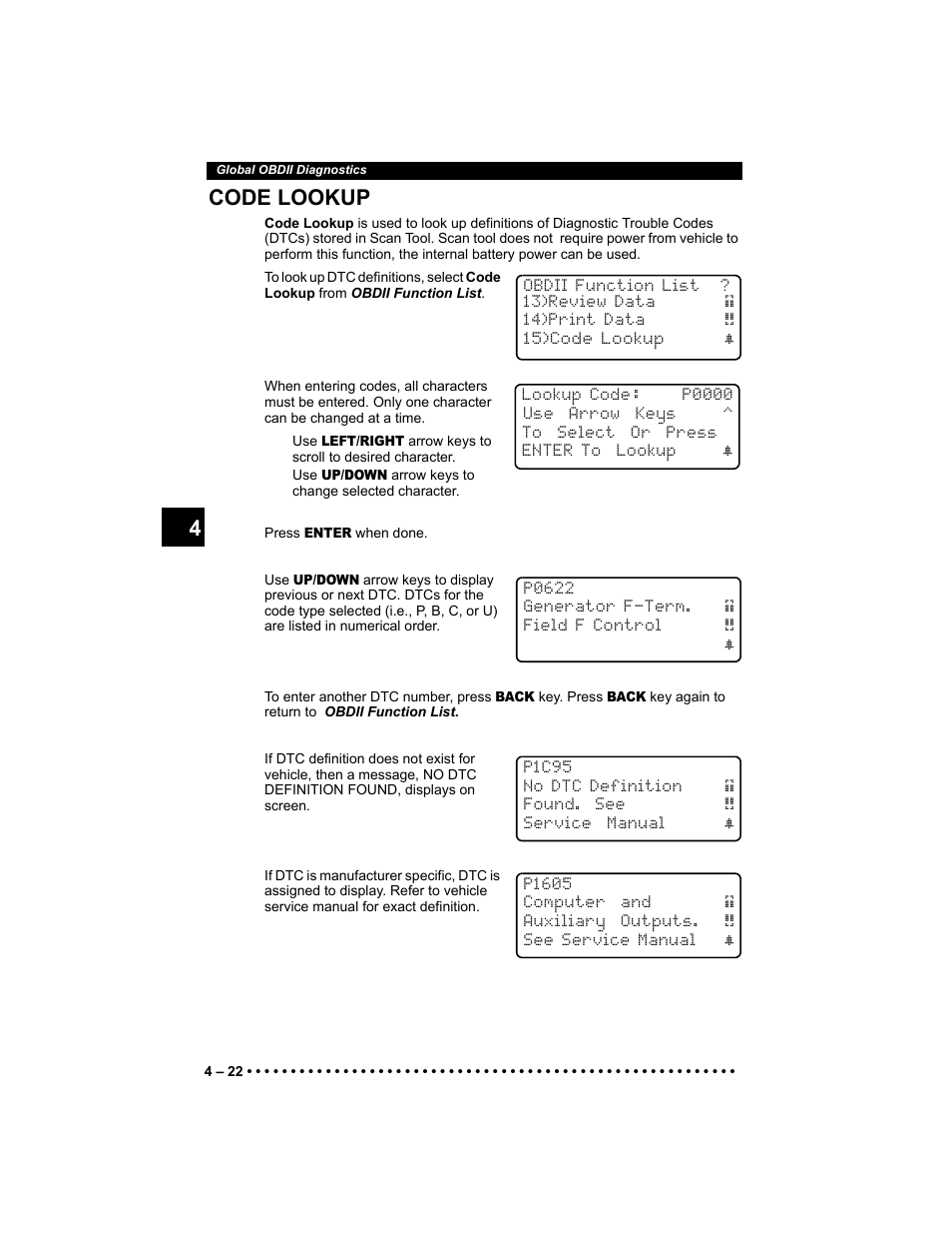 Code lookup, 4 4 code lookup | Actron 9640 User Manual | Page 62 / 156
