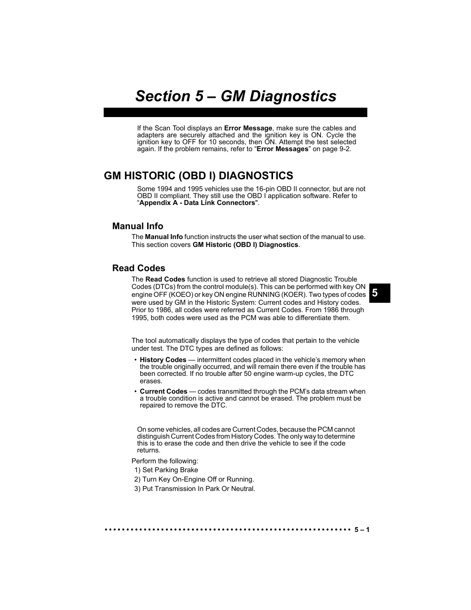 Section 5 - gm diagnostics, Gm historic (obd i) diagnostics, Manual info | Read codes | Actron 9640 User Manual | Page 63 / 156