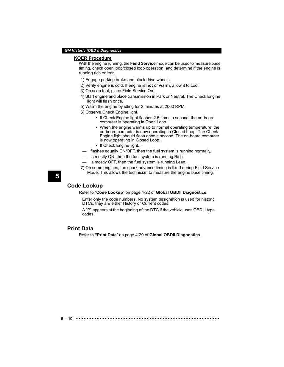 Koer procedure, Code lookup, Print data | Actron 9640 User Manual | Page 72 / 156