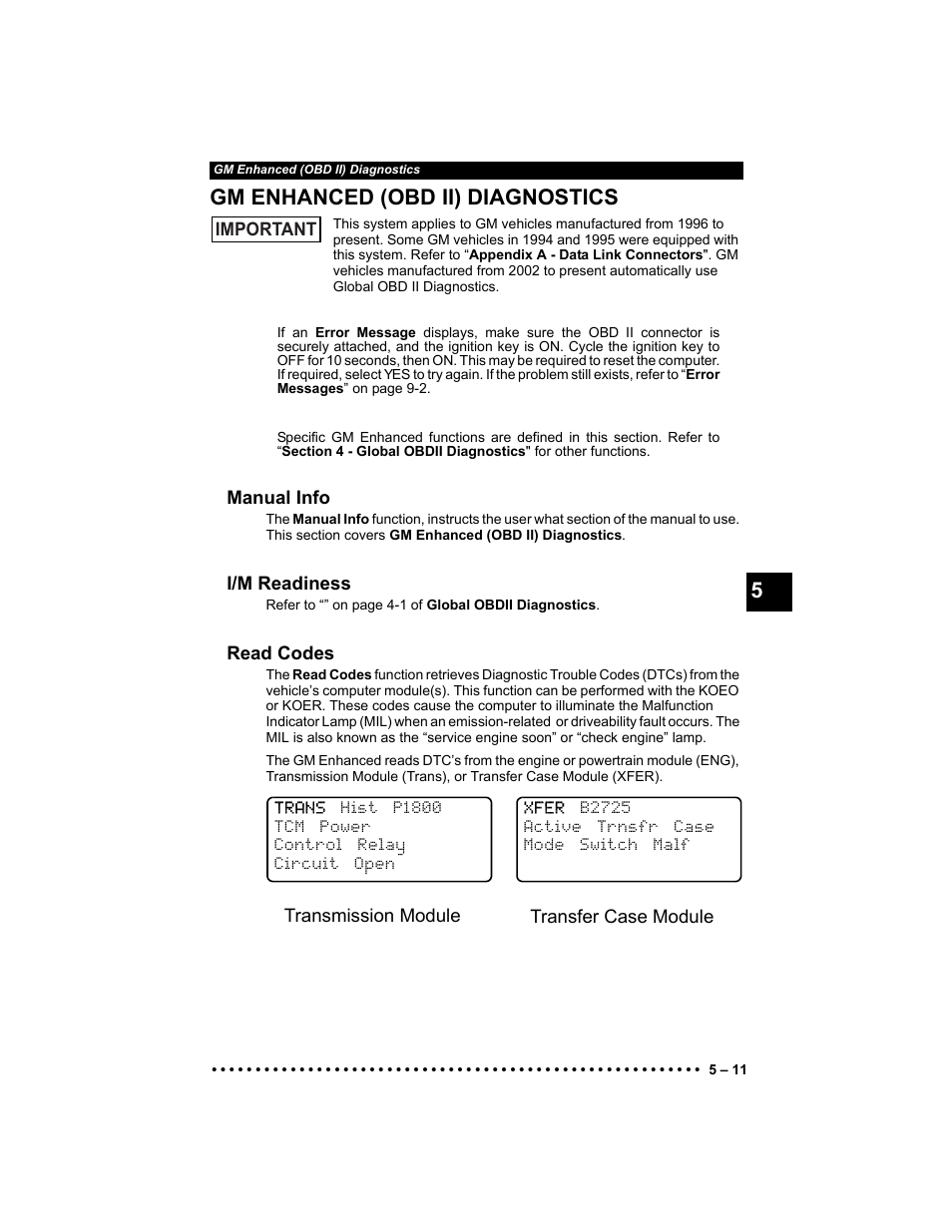 Gm enhanced (obd ii) diagnostics, Manual info, I/m readiness | Read codes, 5gm enhanced (obd ii) diagnostics | Actron 9640 User Manual | Page 73 / 156